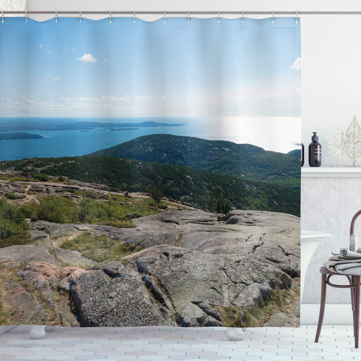 

Mountain Lake Shower Curtain Scenic View Nature Landscape Rock Cliff Ocean Sky Bath Decor Waterproof Fabric Home Accessories 90x180cm35x71in