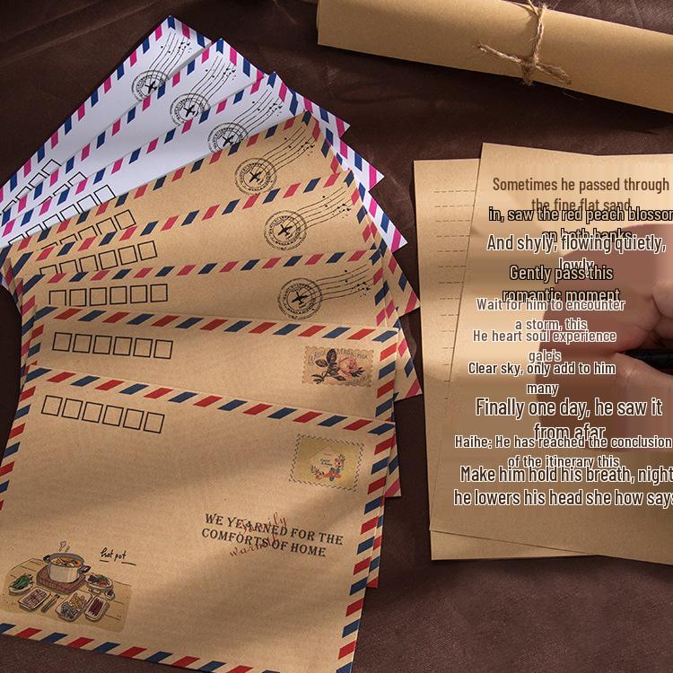 Kraft Paper Retro European Style Airmail Envelope & Stationery Set with Postcards and Greeting Cards In White