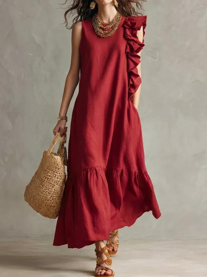 Women s Sleeveless Ruffle Hem Casual Dress Multi Colors S красный