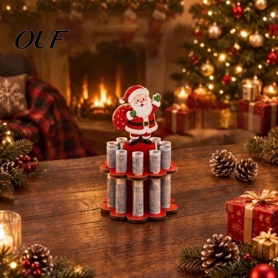 Decorazione da Tavola Natalizia in Legno Porta Soldi di Natale Ornamenti con 10 Fori, Pupazzo di Neve Babbo Natale Albero Espositore per Contanti Porta, Decorazione per