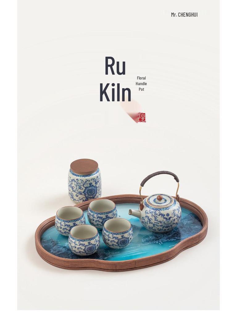 Ru Kiln Lotus Tea Set: One Pot, Six Cups with Tray - Kung Fu Style