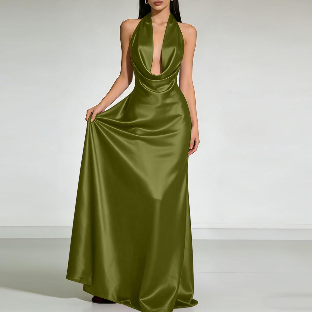 Vestido de Noche Satinado para Mujer con Cuello Halter, Espalda Baja y Escote Drapeado tipo Bufanda, Sin Mangas, Largo Formal para Ocasiones Especiales