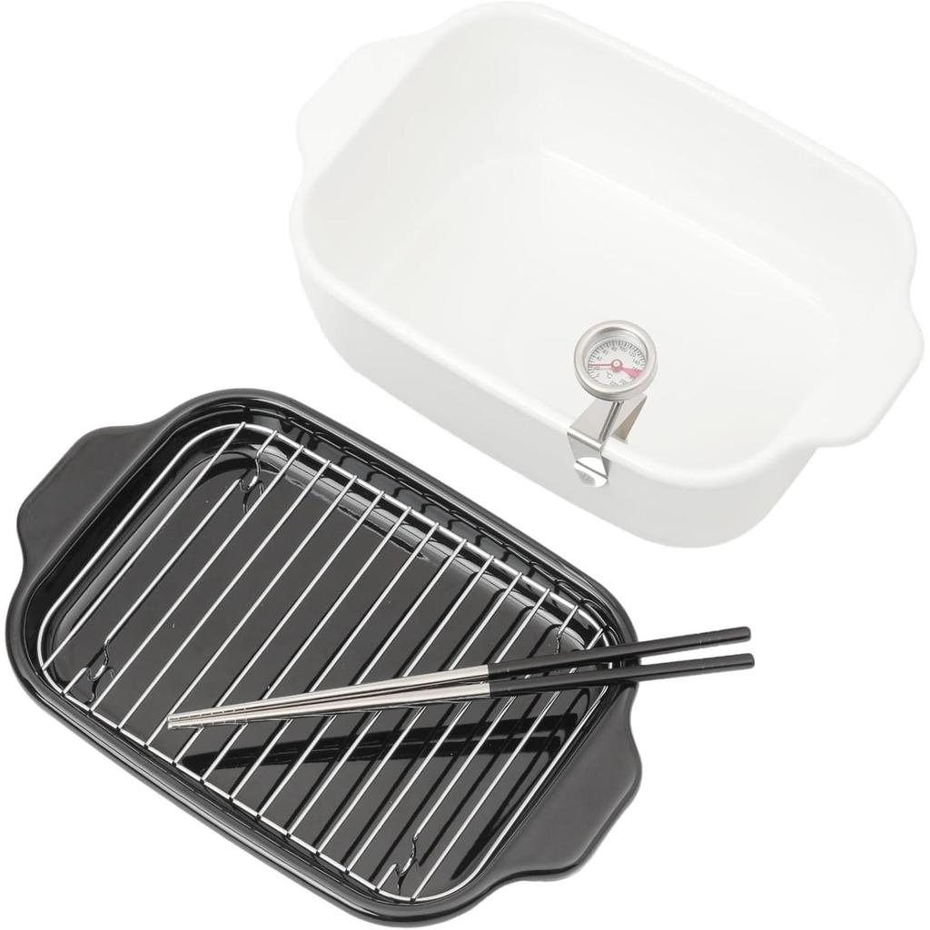 Fuji Enamel Square Tempura Pot Wide Set with Stainless Steel Chopsticks Large Size Frying Square Tempura Wide Size TP-22K.W - Pan, Square, Enamel,