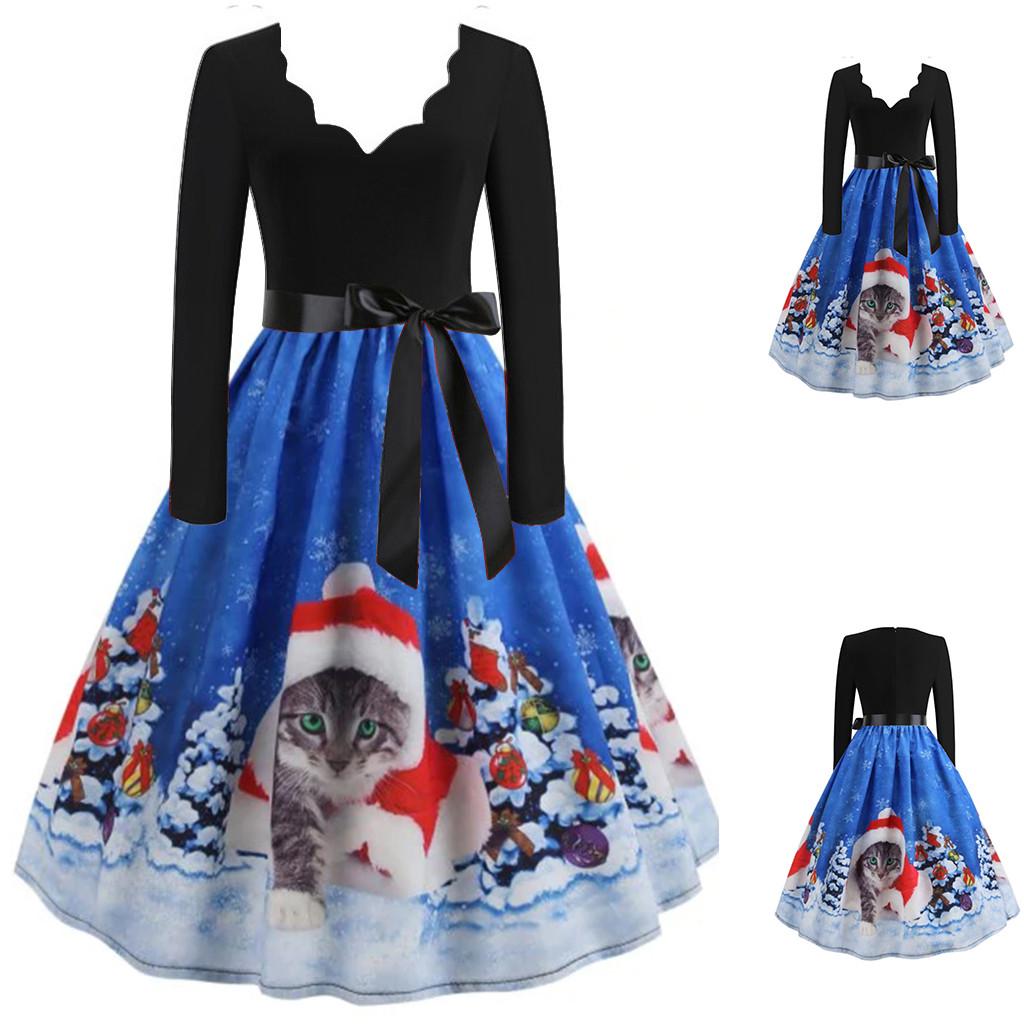 

Женщины с длинным рукавом Рождественские музыкальные ноты с принтом Vintage Flare Dress
