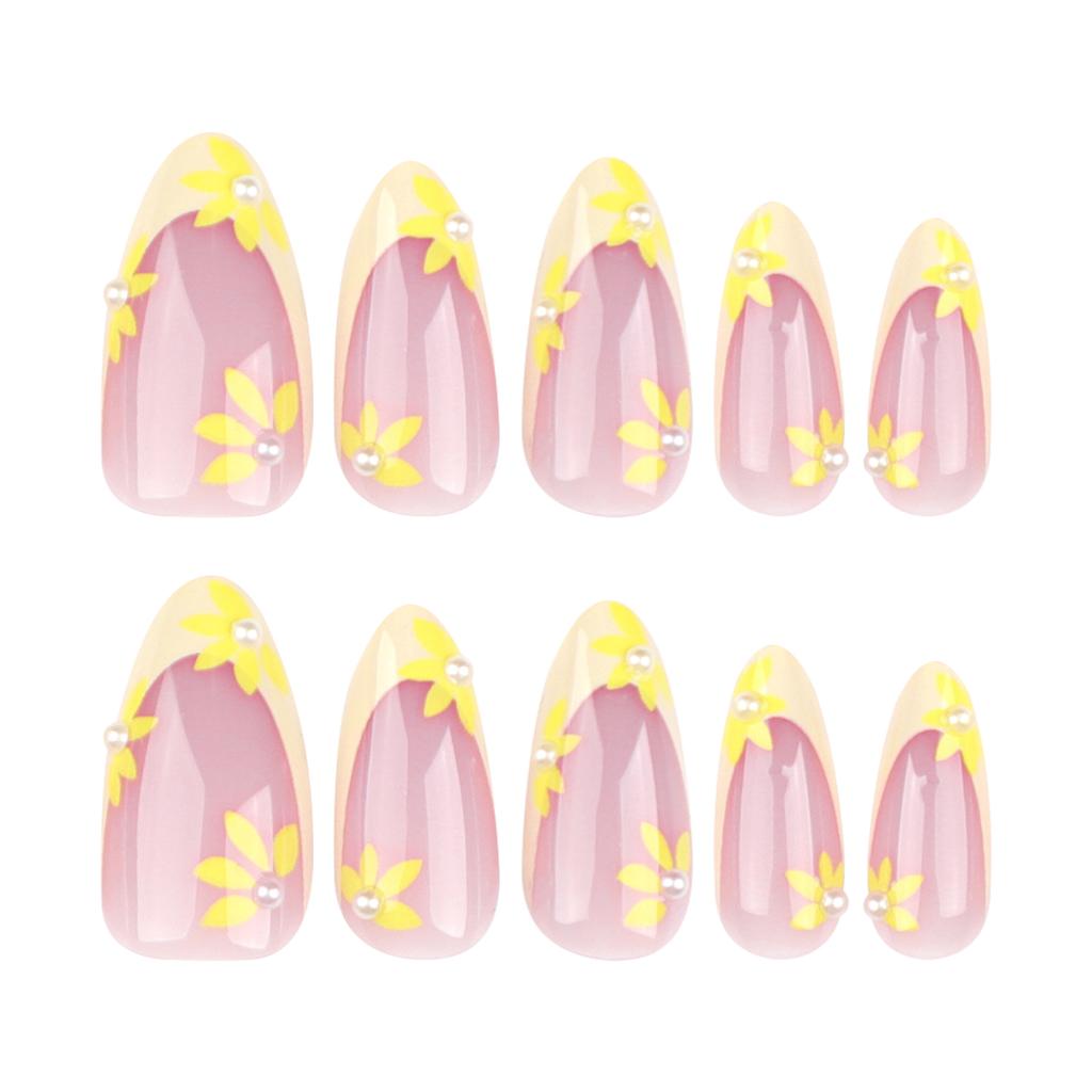 Small Fresh French Yellow Simple Nails Flower Pearl Almond Manicure Ins Wind Summer Nail Piece