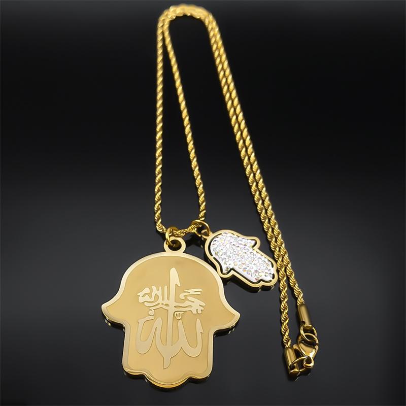 Lucky Crystal Hamsa Hand of Fatima Arabic Necklace for Women Men Stainless Steel Gold Color Necklaces Jewelry Gifts NXS05