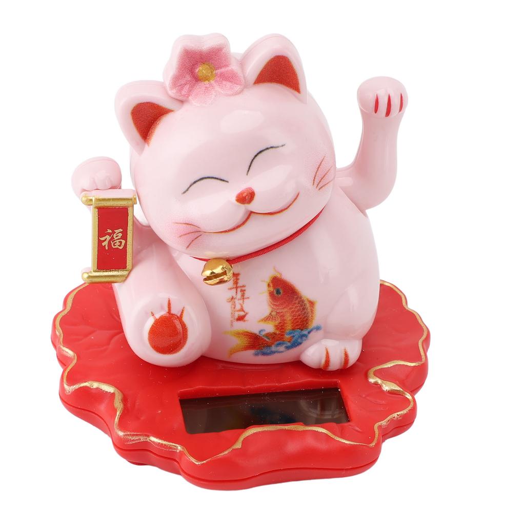Solar Energy Powered White Beckoning Lucky Money Cat for Home Office Car Decor Feng Shui Lucky Cat Waving Arm Fish Style