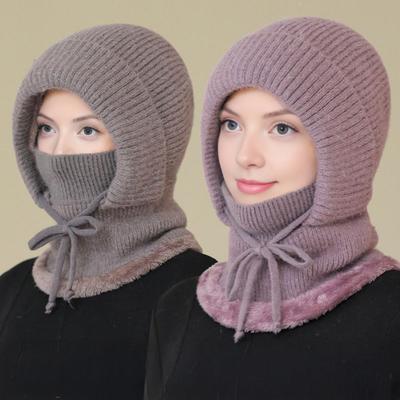 Knitted Wool Hat with Lace-Up Adjustment Velvet Lining Face Neck Protection Riding Headgear Winter Warmth Hat