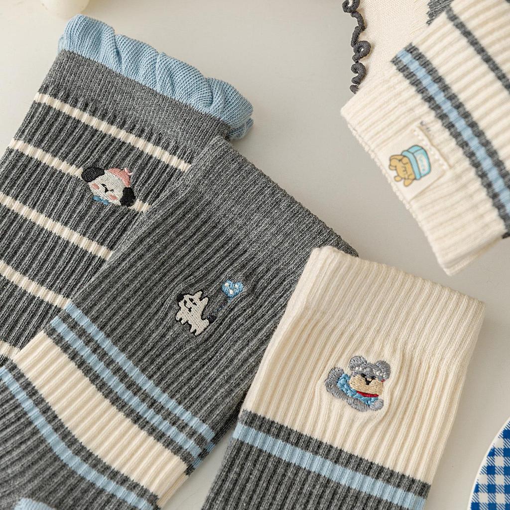 Women's Autumn-Winter Mid-Calf Cartoon Puppy Socks, Korean and Japanese Style, Color Block, Striped, Cute, Warm, Boneless.