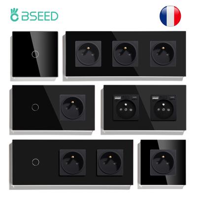 BSEED 1/2/3gangový dotykový nástěnný vypínač s USB-C zásuvkami francouzského typu 1cestný LED senzorové vypínače Skleněný panel Modré podsvícení