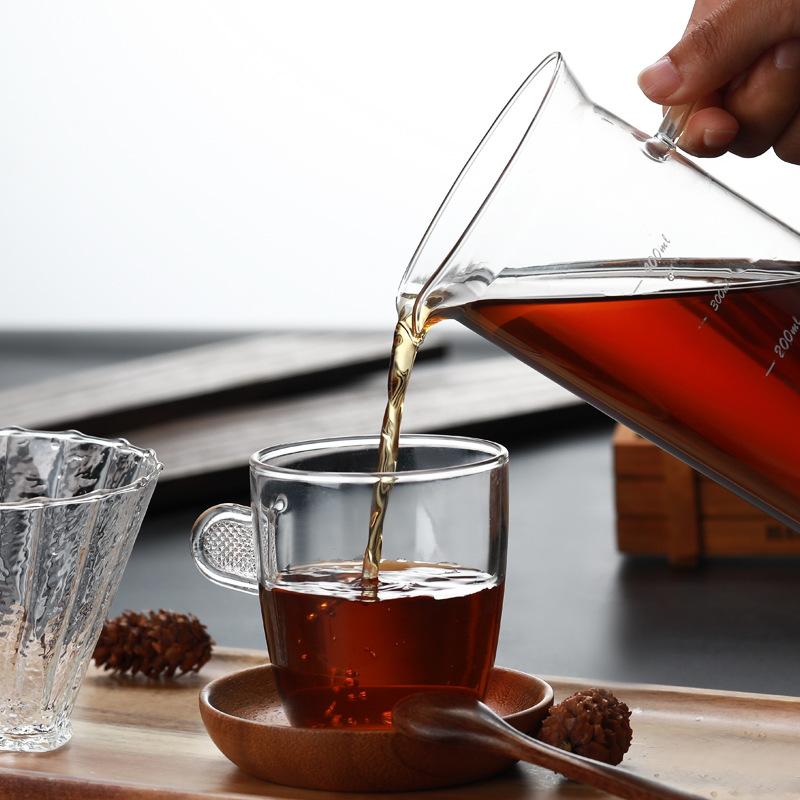 Sharing Pot, Hot and Cold Resistant Glass Coffee Graduated Hand Brewing Pot, Three-hole Corrugated Glass Filter Cup