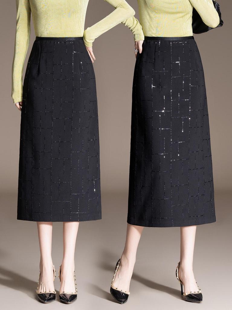 Spring 2026 Black Sequin Slim Bodycon High Waist Midi Pencil Skirt