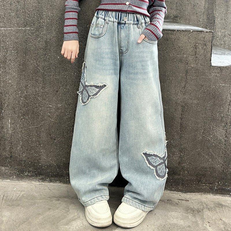 5-13 Years Kids Girls Loose Pants Butterfly Embroidered Casual Wide-Leg Jeans