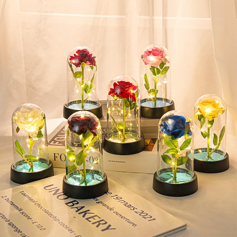 Eternal Rose in Glass Dome Desk Accessorie Artificial Flower Glow LED Roses Flores Eternas Birthday Christmas Gifts Room Decor