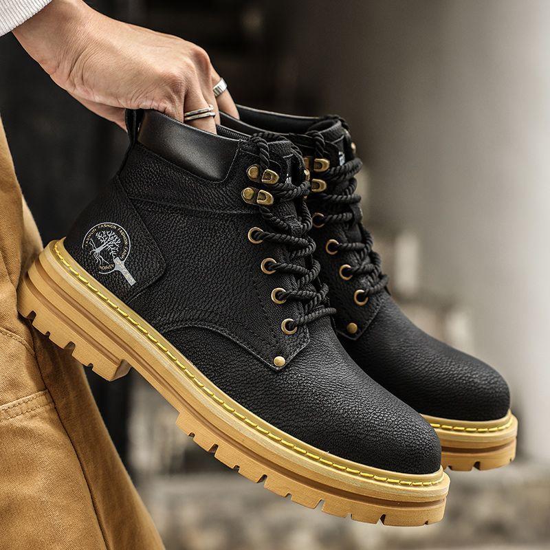

Men s Autumn Winter New Trendy Platform Leather Boots Thick Sole Anti Slip British High Top Laced Casual Work Shoes All Match 44