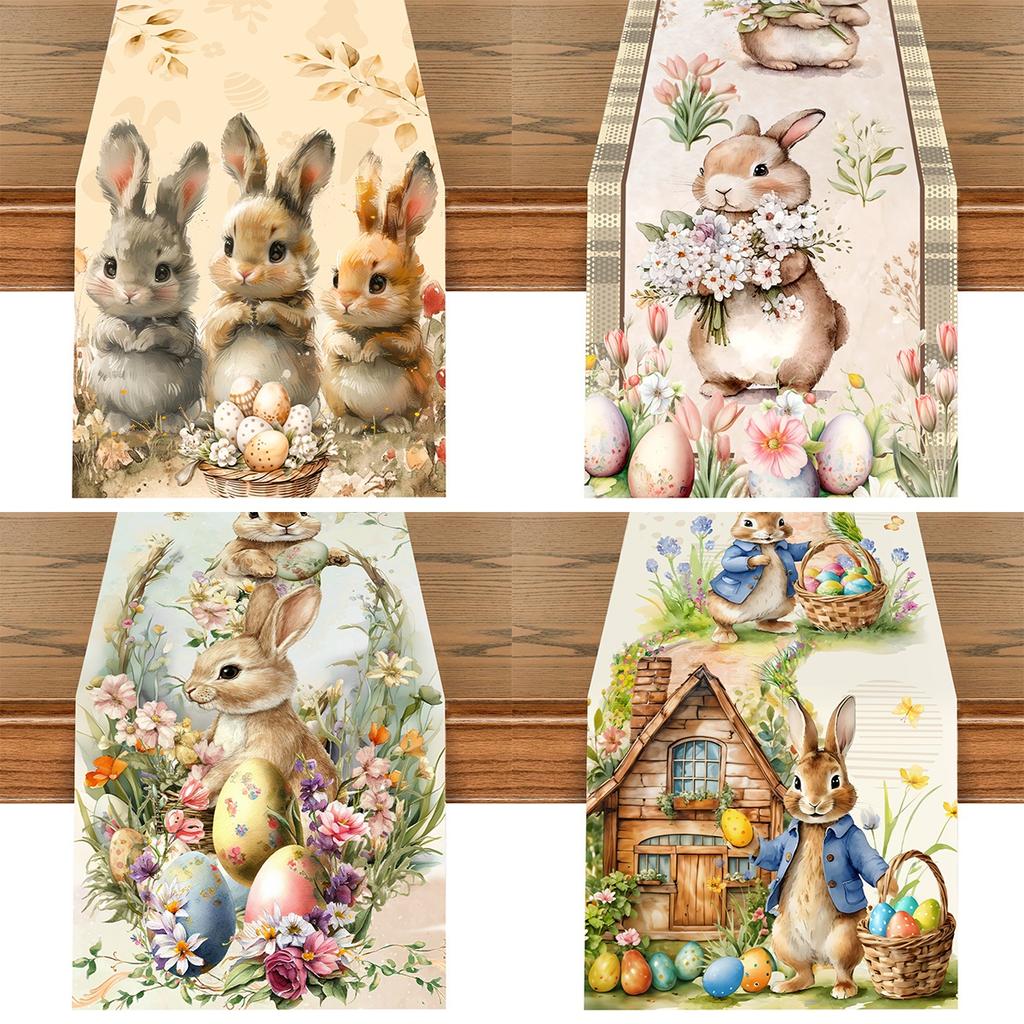 Vintage Easter Bunny Table Runner Polyester Rabbit Eggs Flower Table Flag Easter Decorations For Home Kitchen Dining Table Decor