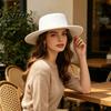 Luxury Faux Pearl Trimmed Hat Wide Brim Wool Felt for Women, Vintage Flat Top Fedora Elegant Winter Warm Headwear with Trim, Cap Autumn Fashion