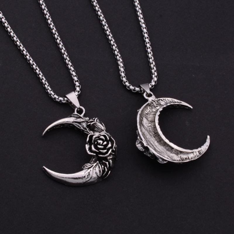 Gothic Rose Moon Necklace - Unisex Vintage Romantic Pendant in Dark, Trendy Style