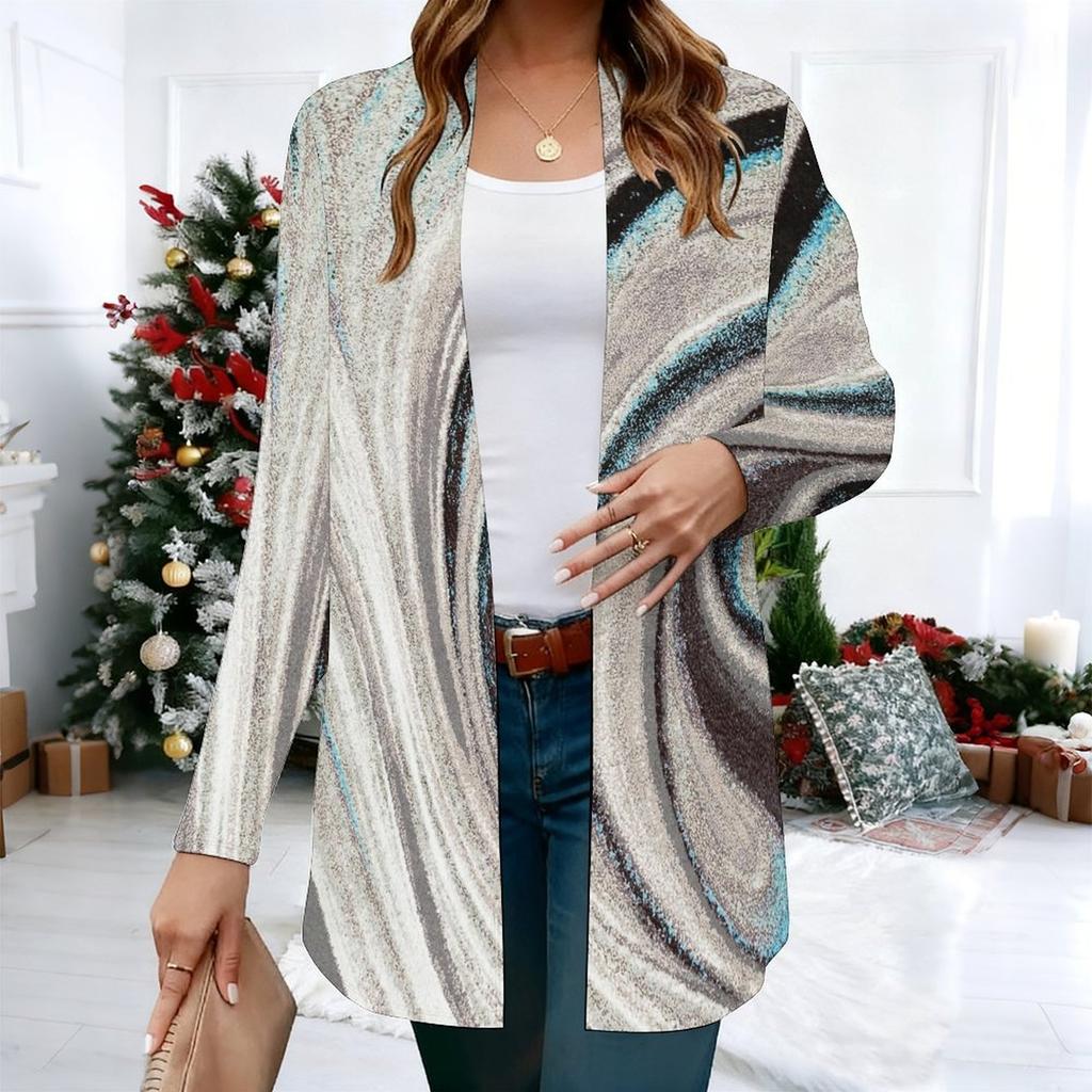 Women's Geometric tribal lines 3D Print Long Sleeve Open Front Cardigan, Casual Loose Fit Lightweight Street Style Outerwear