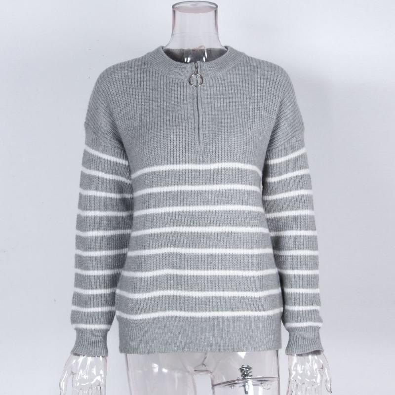 Striped Sweater Women Knitted Pullovers Autumn Winter Fashion Zipper Jumpers Long Sleeve Half High Collar Loose Pullover