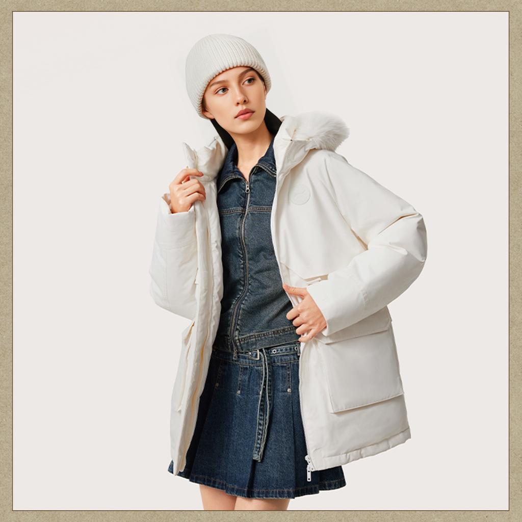 Li Ning Sports Lifestyle Series Solid Color Mid-Length Zipper Long Sleeve Down Jacket Women Outerwear Off-White AYMU190-5