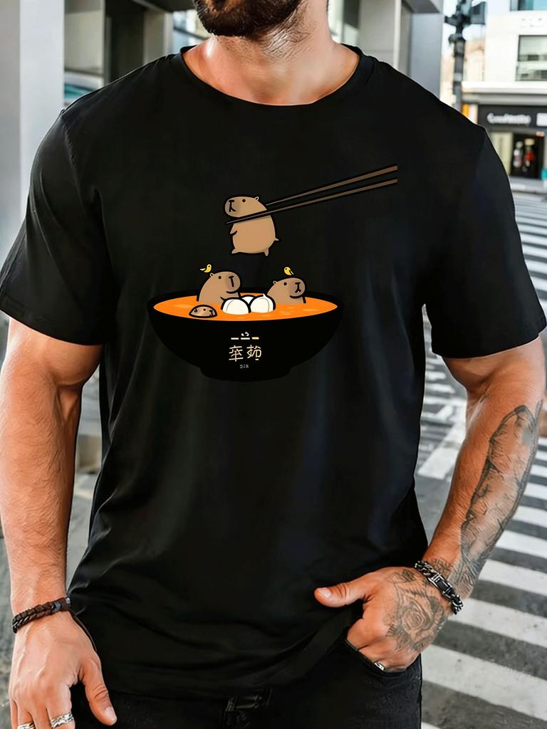 Capybara Family In Raunisex Bowl Unisexs Front Print T Shirt Cute Animal Cartoon Graphic Tee Casual Short Sleeve Funny Pet Lover Gift