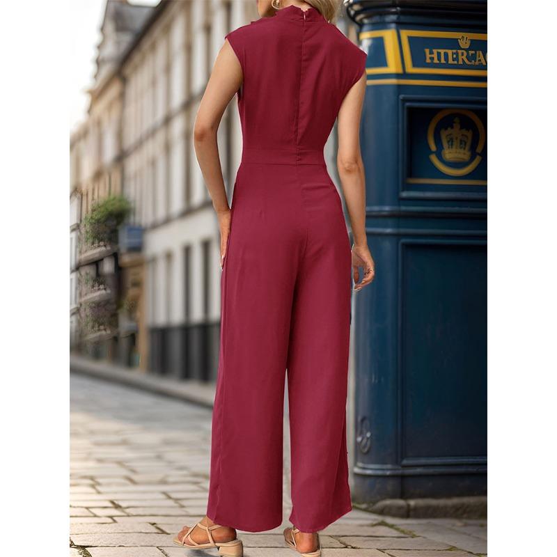 VEZFAA Women's Fashiaon Casual Summer Spring Solid Color Print Sleeveless Half Turtleneck High Waist Trousers Jumpsuits & Rompers