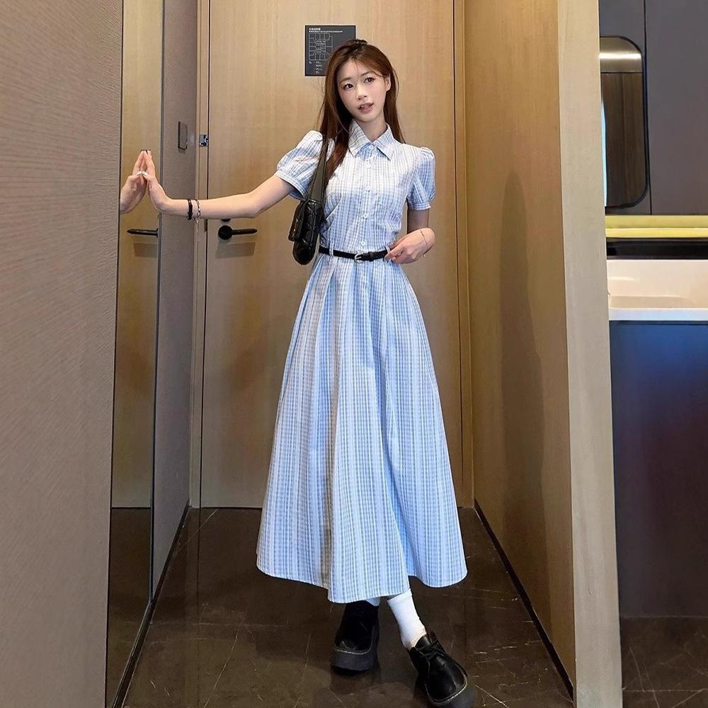 (original practice + belt) French temperament blue feeling super good-looking and thin summer new shirt skirt