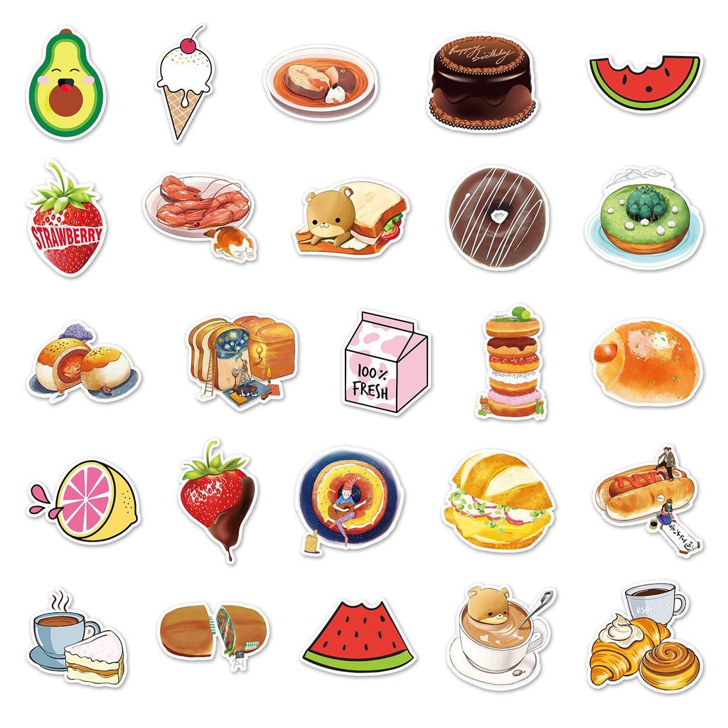 50 Cute Cartoon Food Stickers - Waterproof, Perfect for DIY Journals, Phone Cases & Milk Tea Cup Decoration