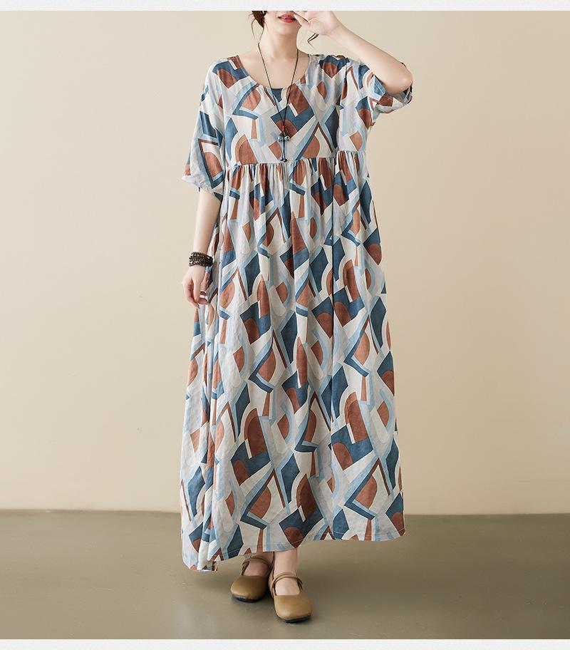 

Johnature женское весеннее нишевое индивидуальное платье с круглым вырезом и короткими рукавами, винтажное платье для сращивания One Size светло-синий