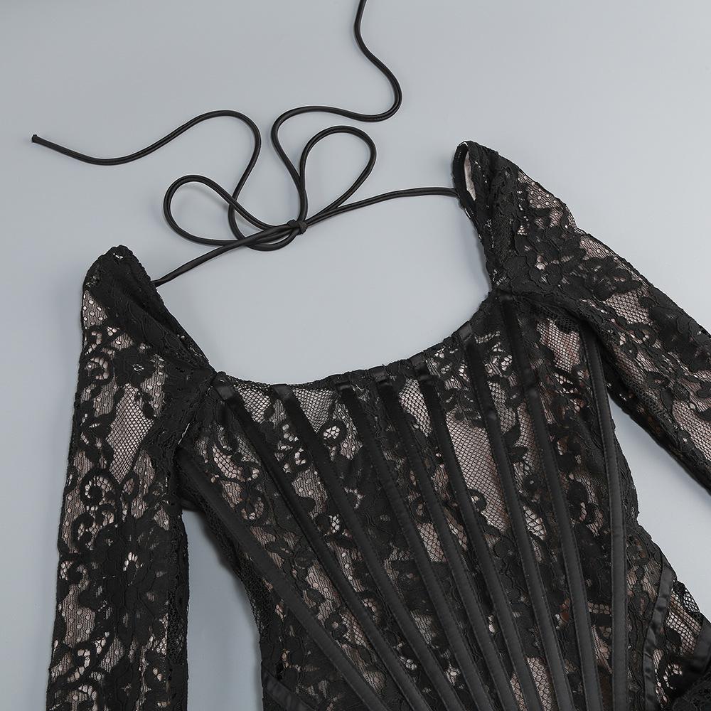 Europäisches & Amerikanisches Sexy Spitzen-Netz-Kleid mit Fischbein-Taillenformer – Langärmlig, Herbst/Winter Kurzer Rock