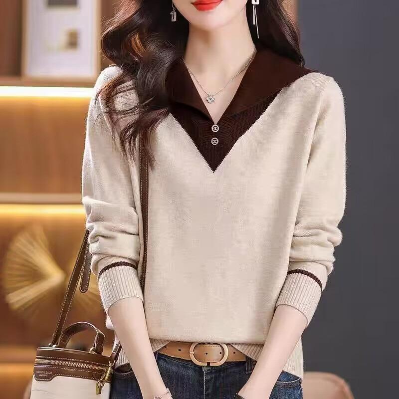 Autumn and winter new fashionable versatile age-reducing thin lapel with long-sleeved knitted pullover sweater for women