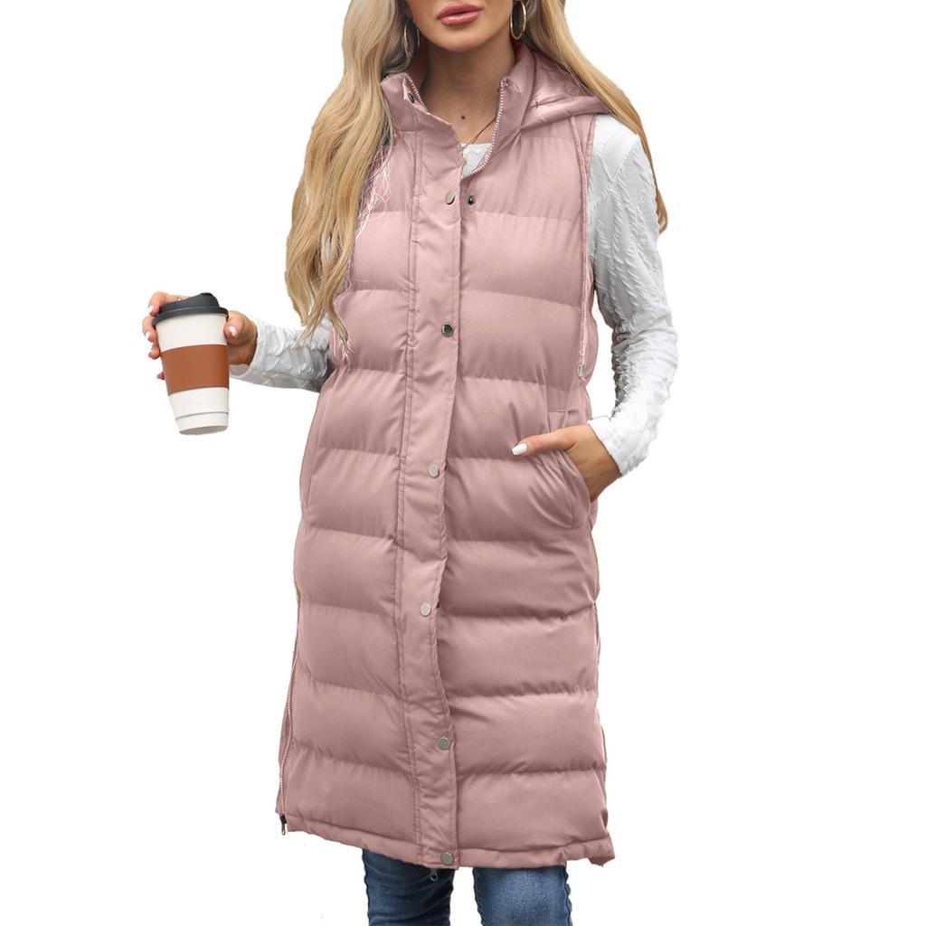 Fashionable Women's Hooded Sleeveless Vest Long Solid Color Zipper Padded Thickened Jacket