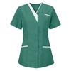 Tunic top da donna con scollo a V, maniche corte, bottoni sul davanti, tasche, finiture a contrasto, camicia uniforme da lavoro professionale