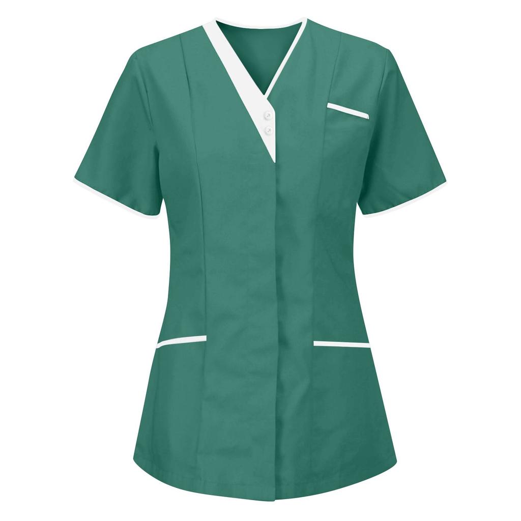 Tunic top da donna con scollo a V, maniche corte, bottoni sul davanti, tasche, finiture a contrasto, camicia uniforme da lavoro professionale