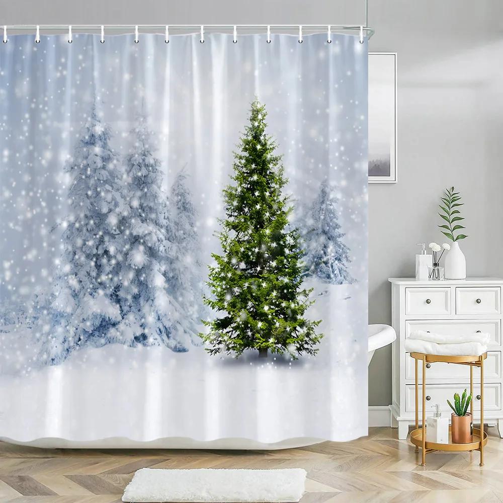 Red Christmas Shower Curtain Xmas Tree Print Bath Home Decor Winter Holiday New Year Bathroom Curtains Hooks Made Of Polyester Washable Washroom Ready