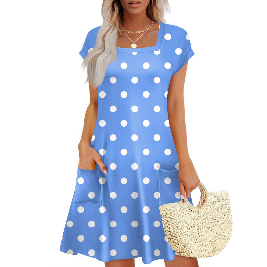 Summer Dresses For Women Loose Square Neck Cap Sleeve Casual Beach Vacation Tshirt Dress Sundresses With Pockets