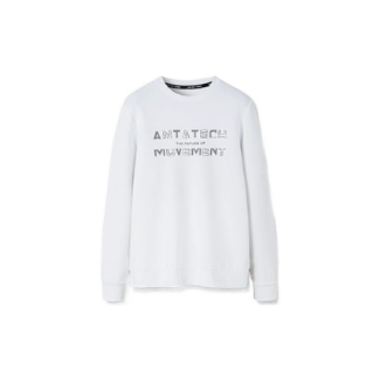 Anta Solid Color Printed Logo Crew Neck Pullover Fleece-Lined Sweatshirt Men Tops White 152247702-1