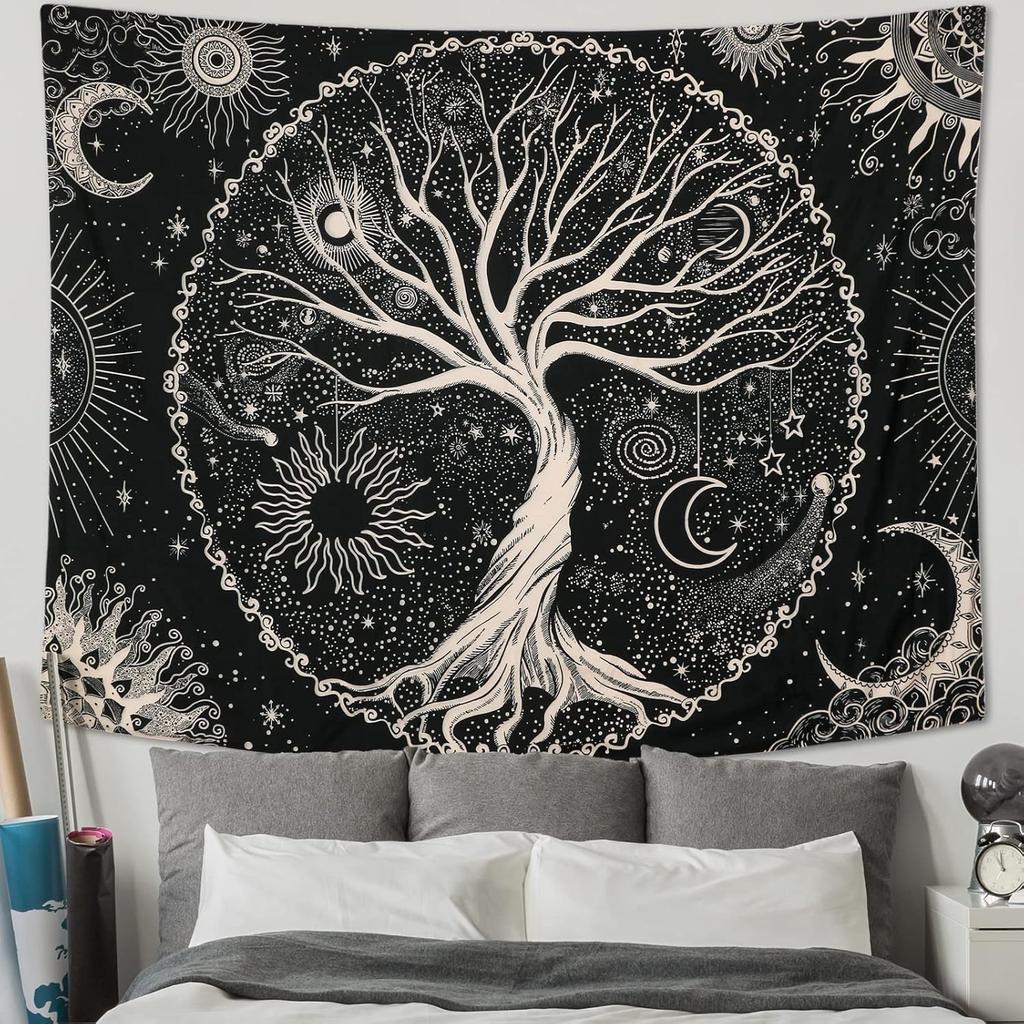 Bohemian Celestial Tree of Life Tapestry Wall Hanging Cosmic Stars Boho Zodiac Moonlight Decor Polyester Art Print
