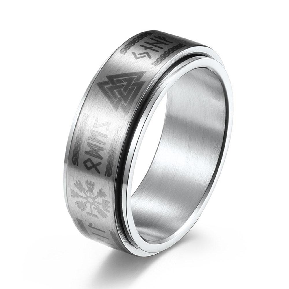 Nordic Rune Rotatable Titanium Steel Couples Ring, Rune Engraved Stress Relief Men's Rings