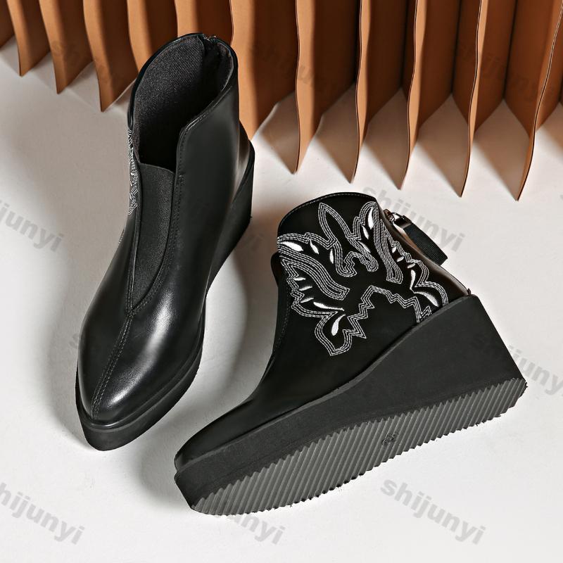 Women Embroidered Platform Pu Leather Punk Ankle Boots Autumn Winter New Fashion Chunky Wedges Boots Woman Slip On Gothic Shoes