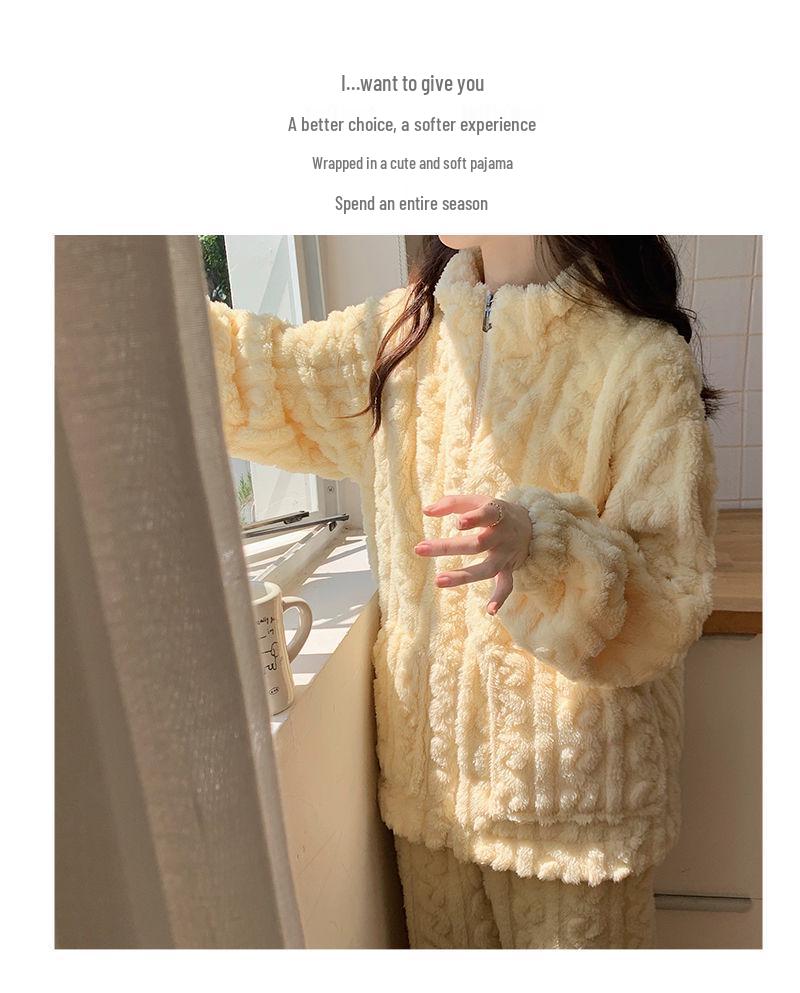 Women's 2024 Milk Yellow Coral Fleece Pajamas with Velvet Lining and Zipper for Fall/Winter Wear.