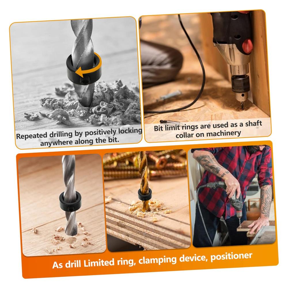Drill Depth Stop Bit Collar Set Adjustable Positioner Limit Ring Allen Wrench Tighten The Stopper Set-Screws Woodworking Tool