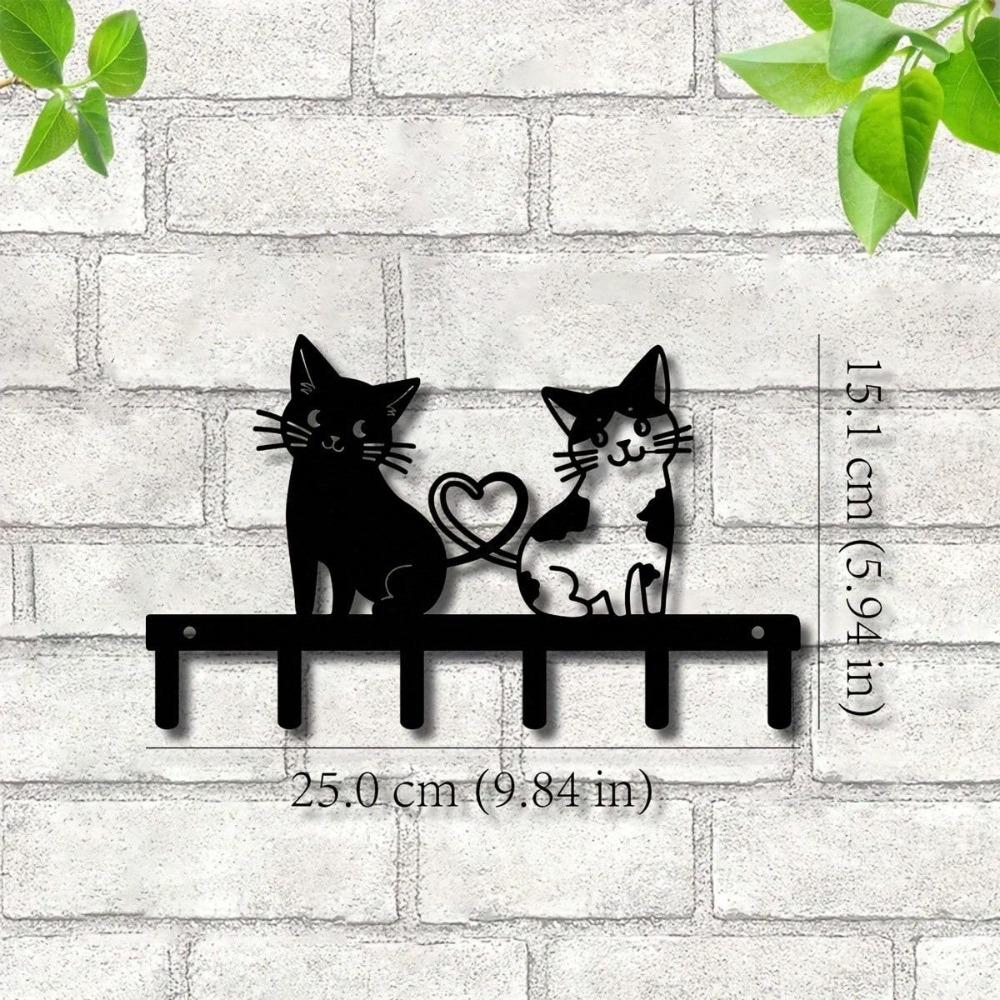 Double Cat Key Holder Wall Mount Metal Key Rack Heart Shape Black Storage Organizer for Hallway Entryway Corridor