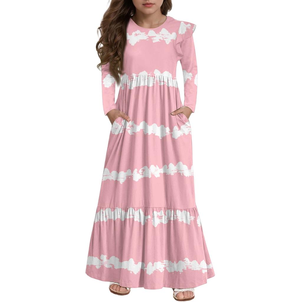 Girls' Tiered Ruffle Dress - Long Sleeve Printed Maxi With Pockets