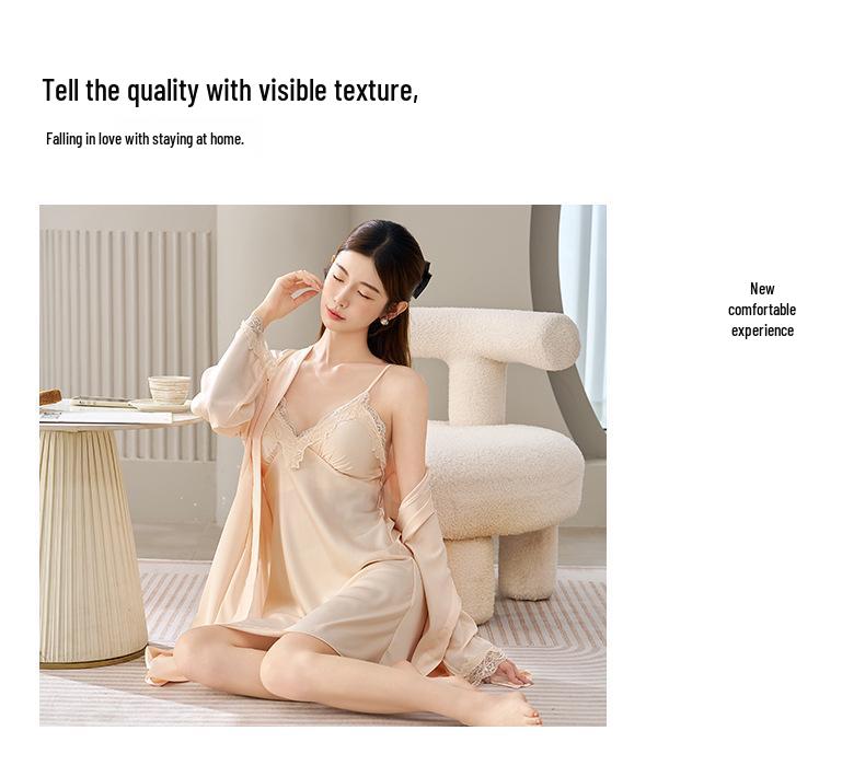 Women's Summer Ice Silk Lace Trim Camisole Nightgown and Robe Set - Elegant, Loose, and Comfortable