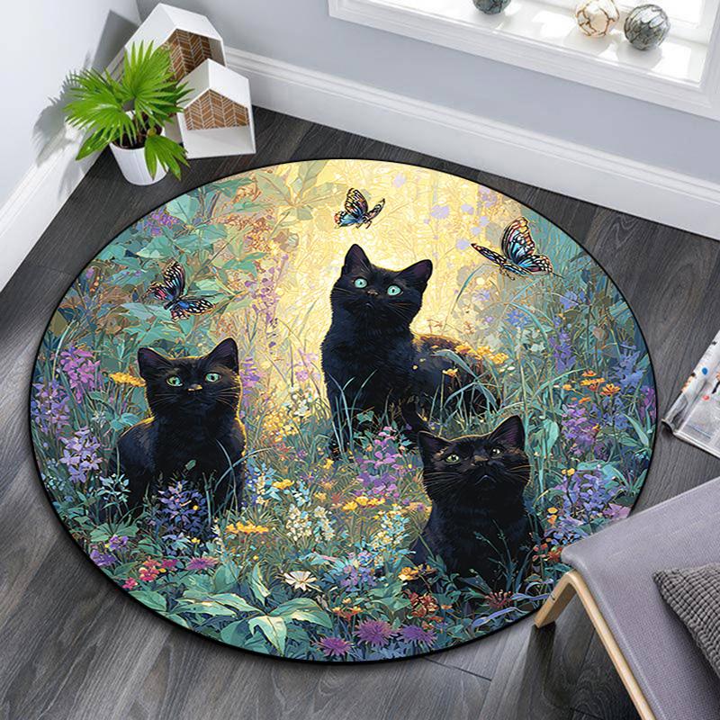 Black Cat Round Area Rug,Carpet Rug for Living Room Bedroom Sofa Playroom Decor,Non-slip Floor Mat