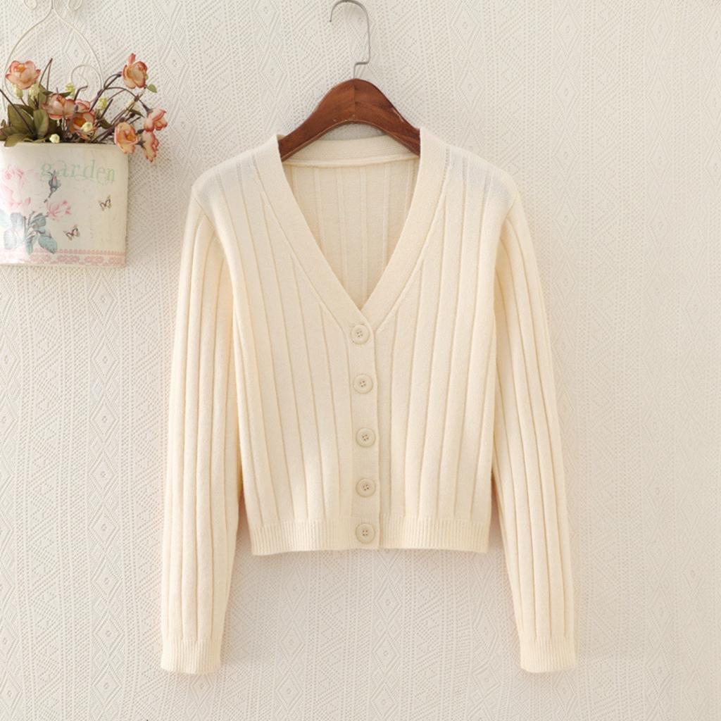 Spring and Autumn Short Outfit Loose Long Sleeve V-neck Sweater Knitted Sweater Thin Cardigan Coat Women's Top