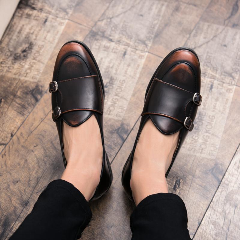 Fashion New Men Fashion Le Fu Shoes PU European style Metal Double Buckle One Step Comfortable Business Dress Shoes Size 38-48 Men Shoes