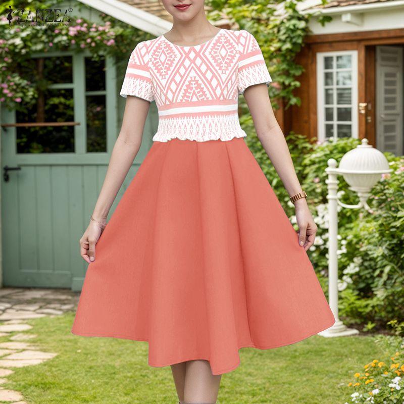 ZANZEA Women Summer Round Neck Casual Short Sleeve Print Dress